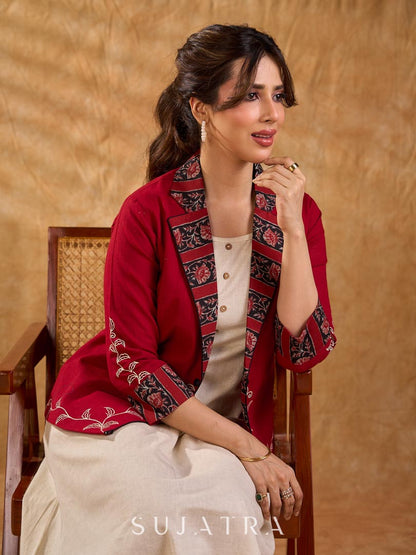 Maroon Cotton Cropped Blazer Jacket with Hand Painted Hem and Floral Printed Lapel & Cuffs