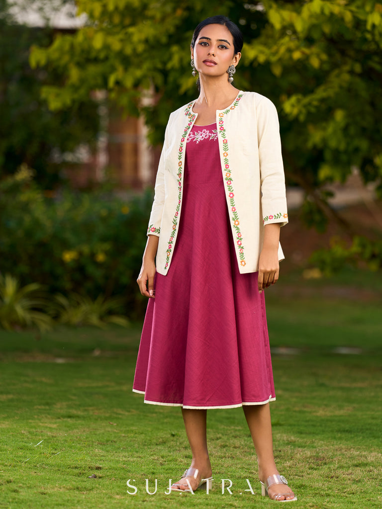 Off White Cotton Flex Open Front Jacket Adorned With Delicate Floral Embroidery On Neckline And Sleeves