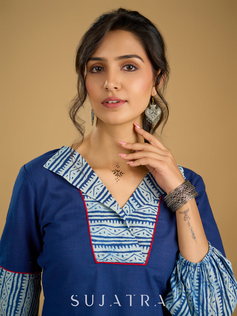 Classic indigo cotton top featuring smart and elegant collar design - skirt optional