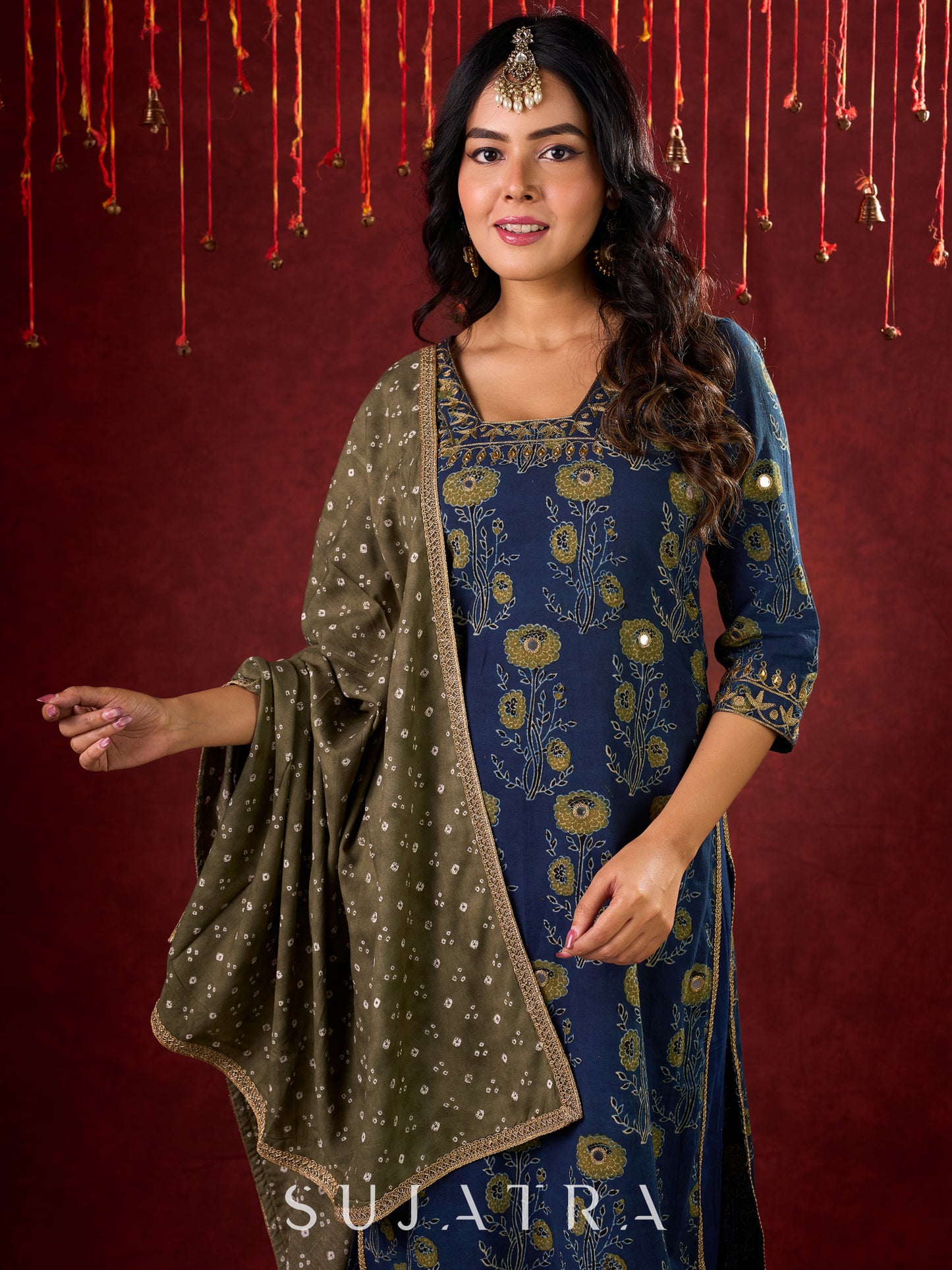 Indigo Ajrakh Kurta with Subtle Embroidered Neckline & Sleeves