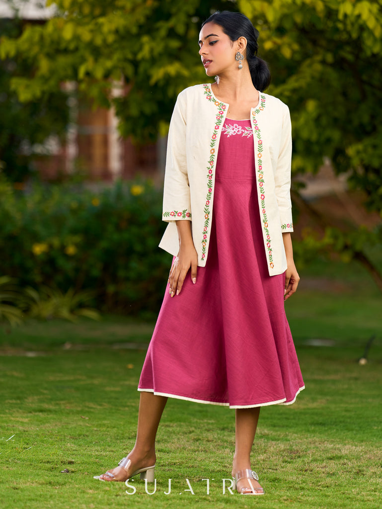 Sophisticated Ivory Cotton Flex Open Jacket Accented with Floral Embroidery Along the Neckline and Sleeves