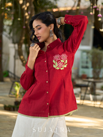 Maroon Contemporary Cotton Shirt with Floral Painted Highlight