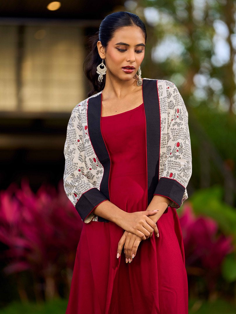 White Cotton Printed Jacket with Script Motifs and Black Trim Accents - Dress Optional