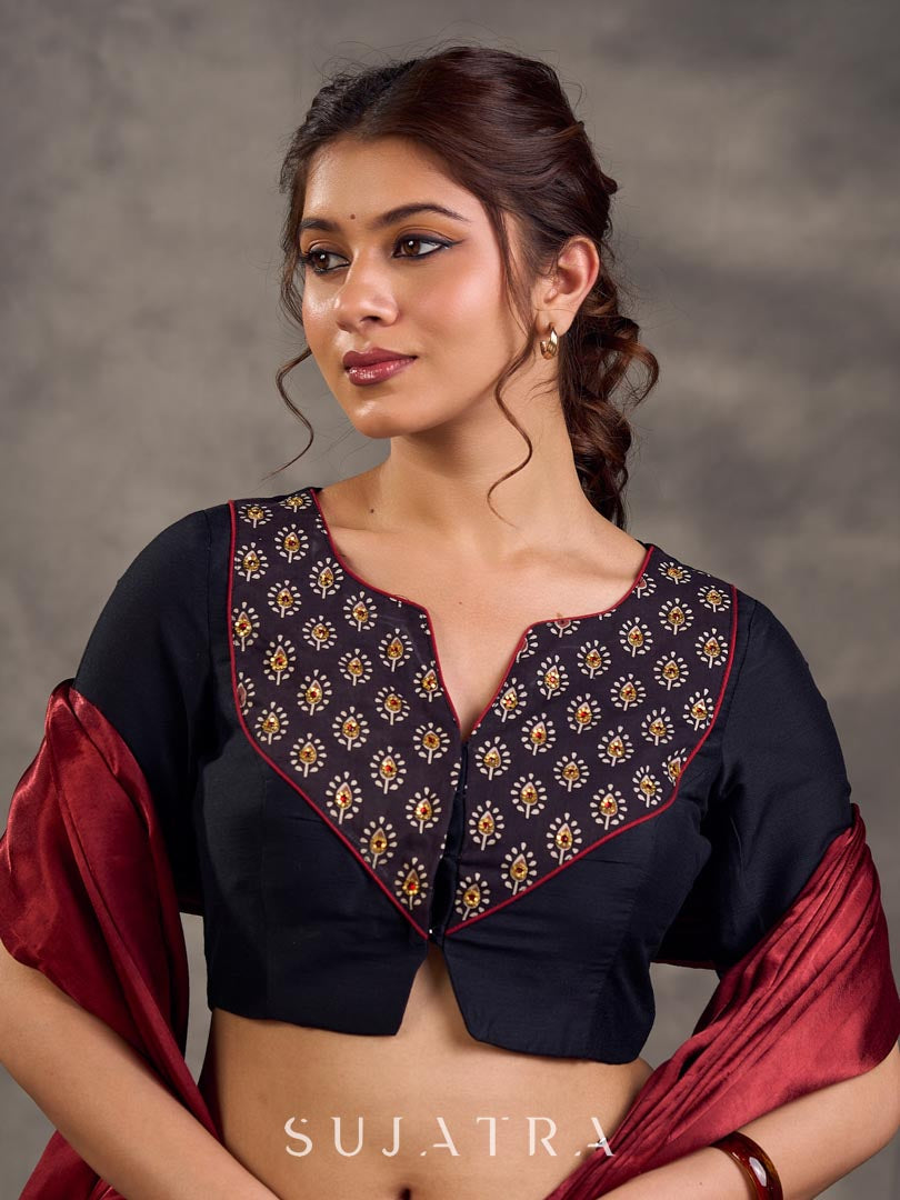 Striking Black Cotton Silk Blouse with Ajrakh Printed Embroidered Yoke & Red Piping Detail