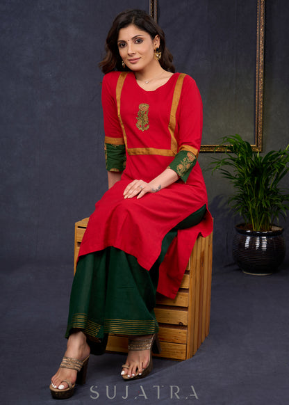 Dussehra Sale — Graceful-Red-Cotton-Straight-Cut-Kurta-With-Ajrakh-Combination-Highlighted-With-Floral-Ajrakh-Applique-On-The-Yoke--Pant-Optional