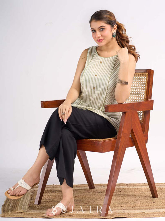 Olive Green Cotton Panelled Top with Contrast Stripe Placement