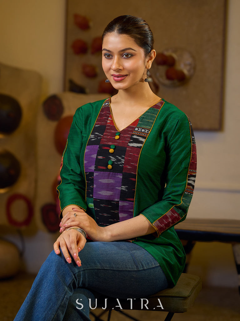 Graceful Green Cotton Silk Top with Ikat Patchwork and V Neck Detail