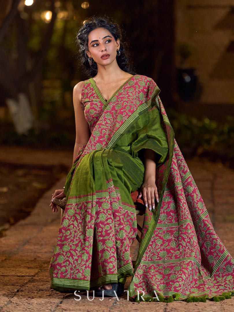 Mehendi Green-Pink Mughal Floral Hand Block Print Cotton Saree