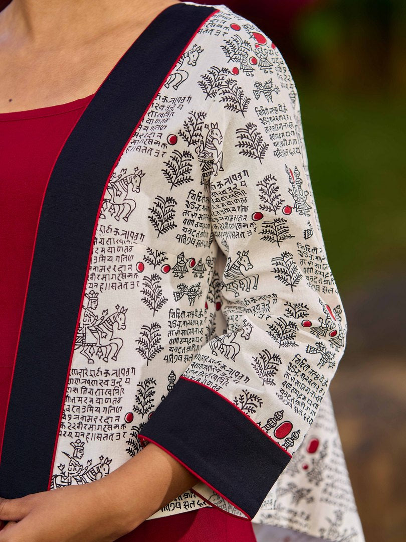 White Cotton Printed Jacket with Script Motifs and Black Trim Accents - Dress Optional