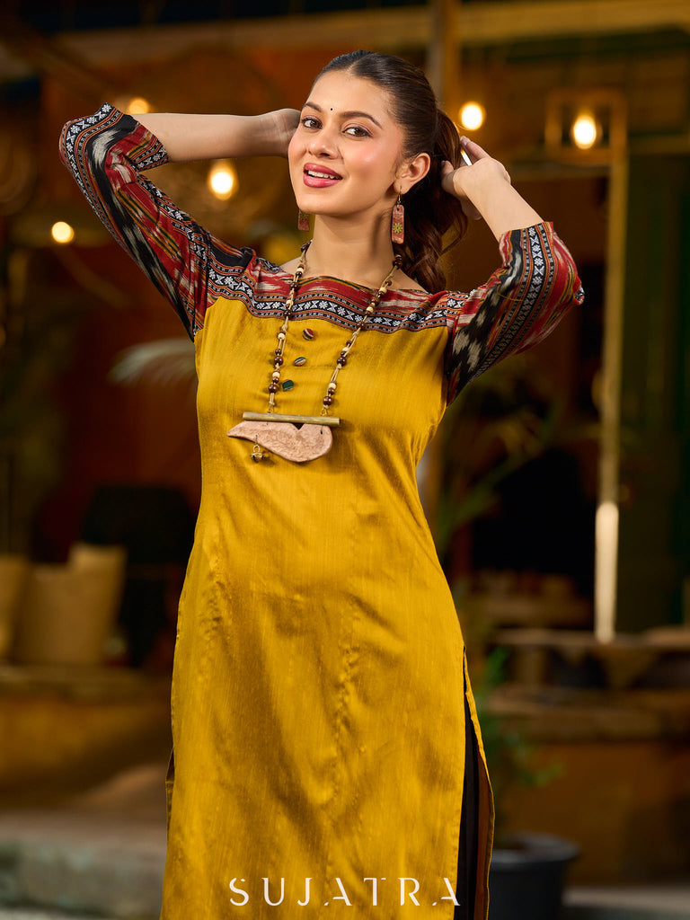 Stunning mustard cotton-silk kurta highlighted with black Ikat