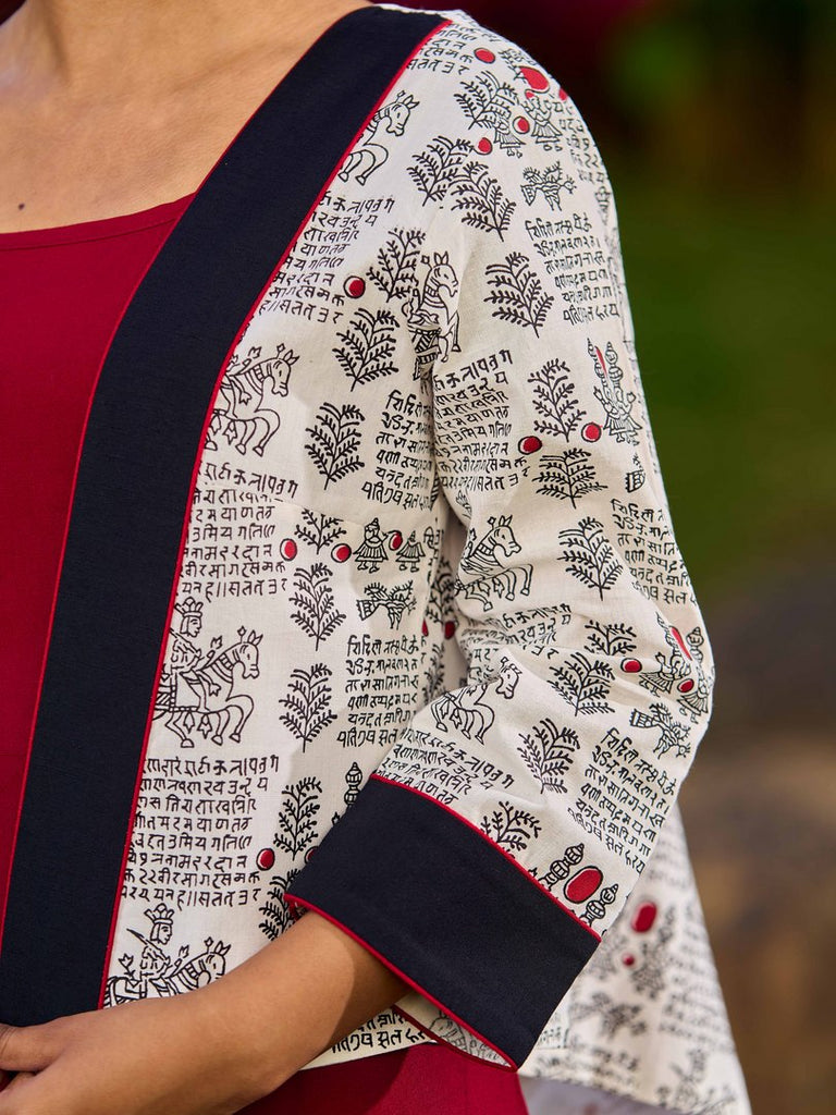 White Cotton Printed Jacket with Script Motifs and Black Trim Accents
