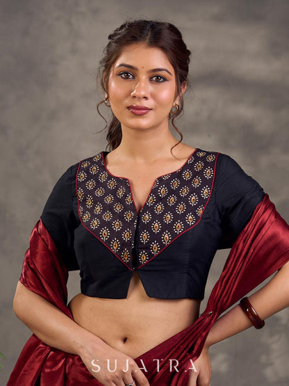 Striking Black Cotton Silk Blouse with Ajrakh Printed Embroidered Yoke & Red Piping Detail