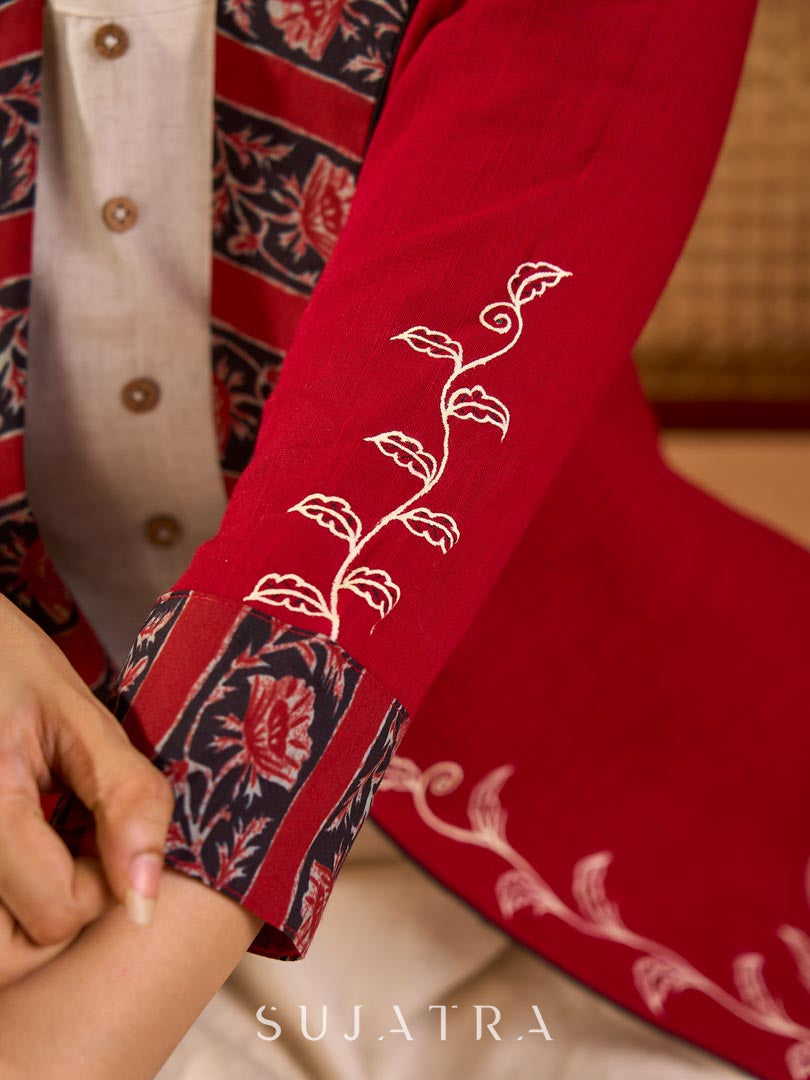 Maroon Cotton Cropped Blazer Jacket with Hand Painted Hem and Floral Printed Lapel & Cuffs