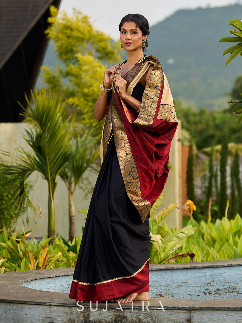 Handcrafted Pure Tussar Silk Saree with Khun Weave & Traditional Banarasi Border