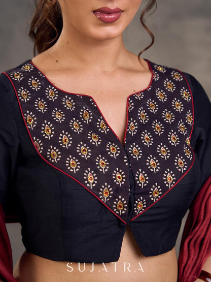 Striking Black Cotton Silk Blouse with Ajrakh Printed Embroidered Yoke & Red Piping Detail