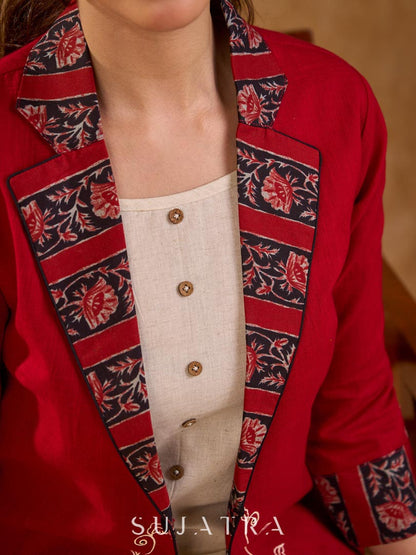 Maroon Cotton Cropped Blazer Jacket with Hand Painted Hem and Floral Printed Lapel & Cuffs