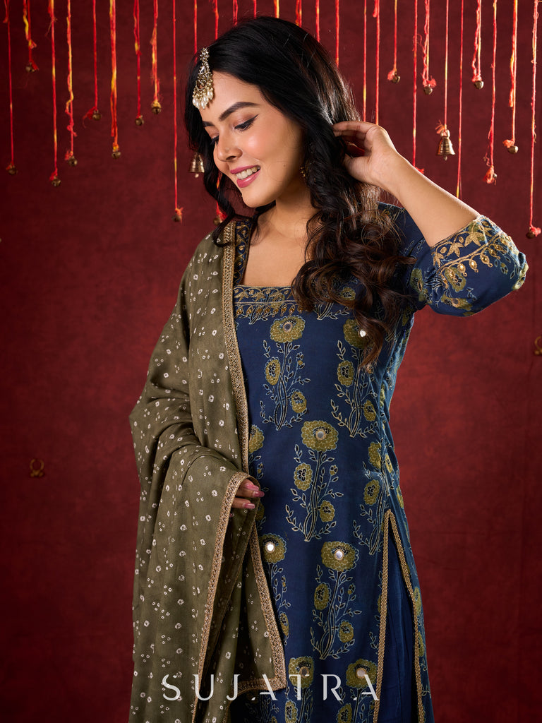 Indigo Ajrakh Kurta with Subtle Embroidered Neckline & Sleeves