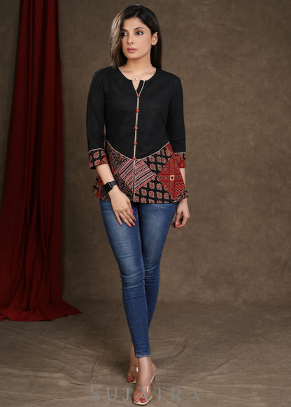 Classy Black Ajrakh Patchwork Cotton Top