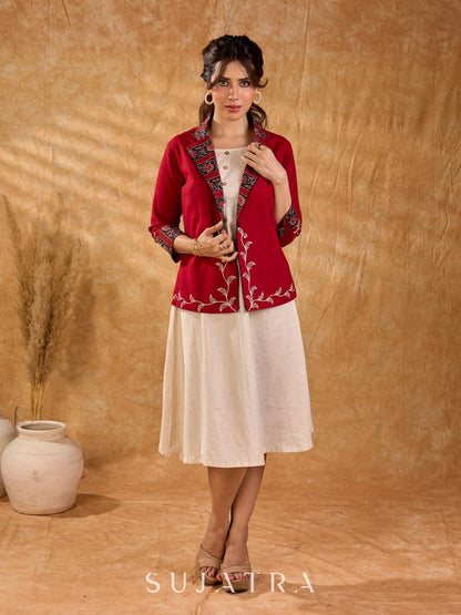 Maroon Cotton Cropped Blazer Jacket with Hand Painted Hem and Floral Printed Lapel & Cuffs