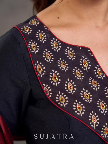 Striking Black Cotton Silk Blouse with Ajrakh Printed Embroidered Yoke & Red Piping Detail