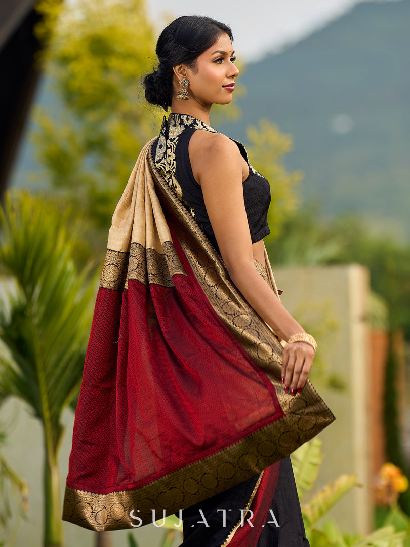 Handcrafted Pure Tussar Silk Saree with Khun Weave & Traditional Banarasi Border