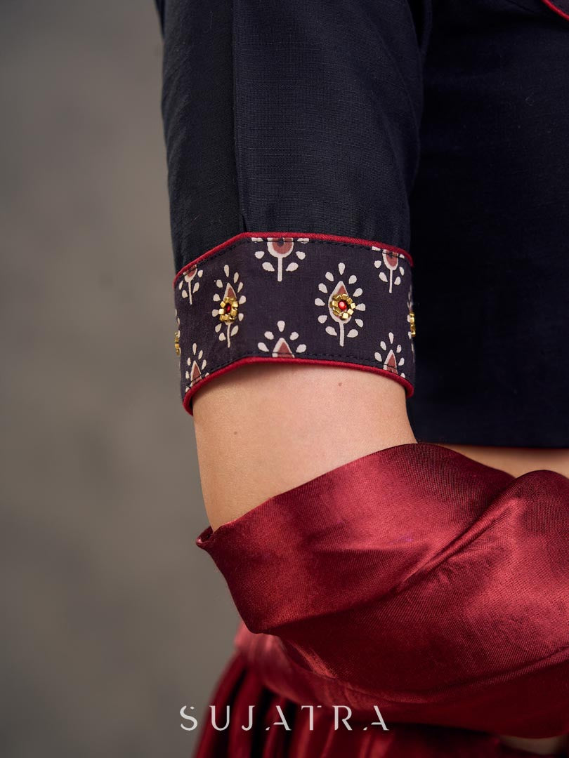 Striking Black Cotton Silk Blouse with Ajrakh Printed Embroidered Yoke & Red Piping Detail