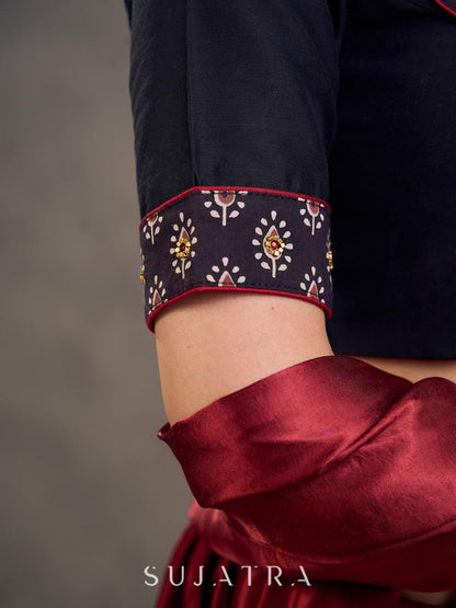 Striking Black Cotton Silk Blouse with Ajrakh Printed Embroidered Yoke & Red Piping Detail