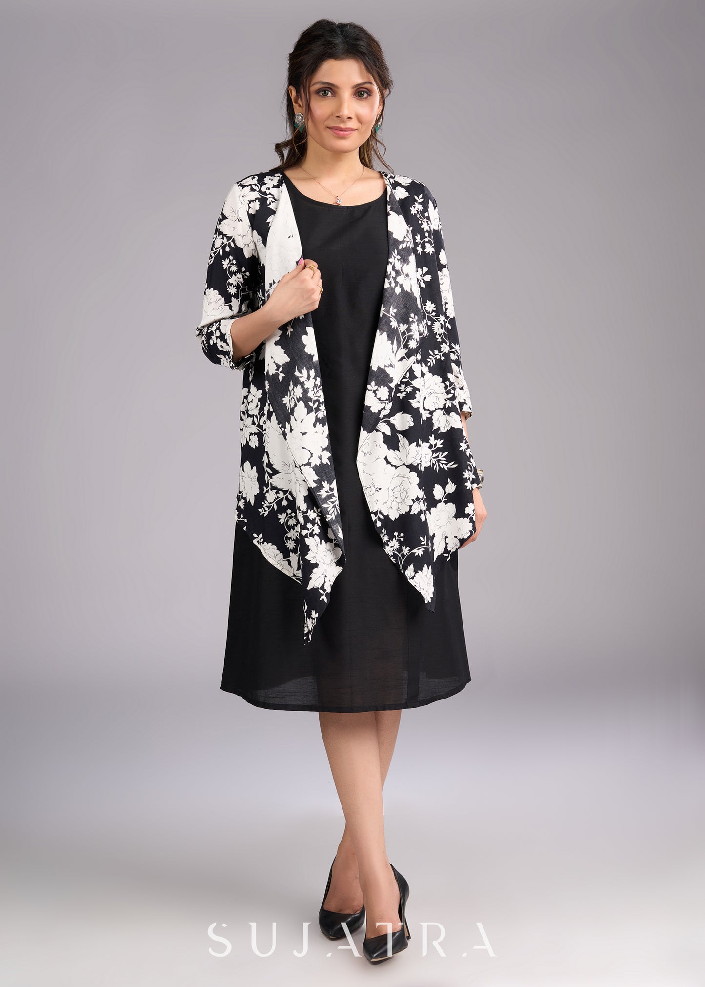 Timeless Monochrome Flowy Black and White Printed Viscose Shrug - Dress optional