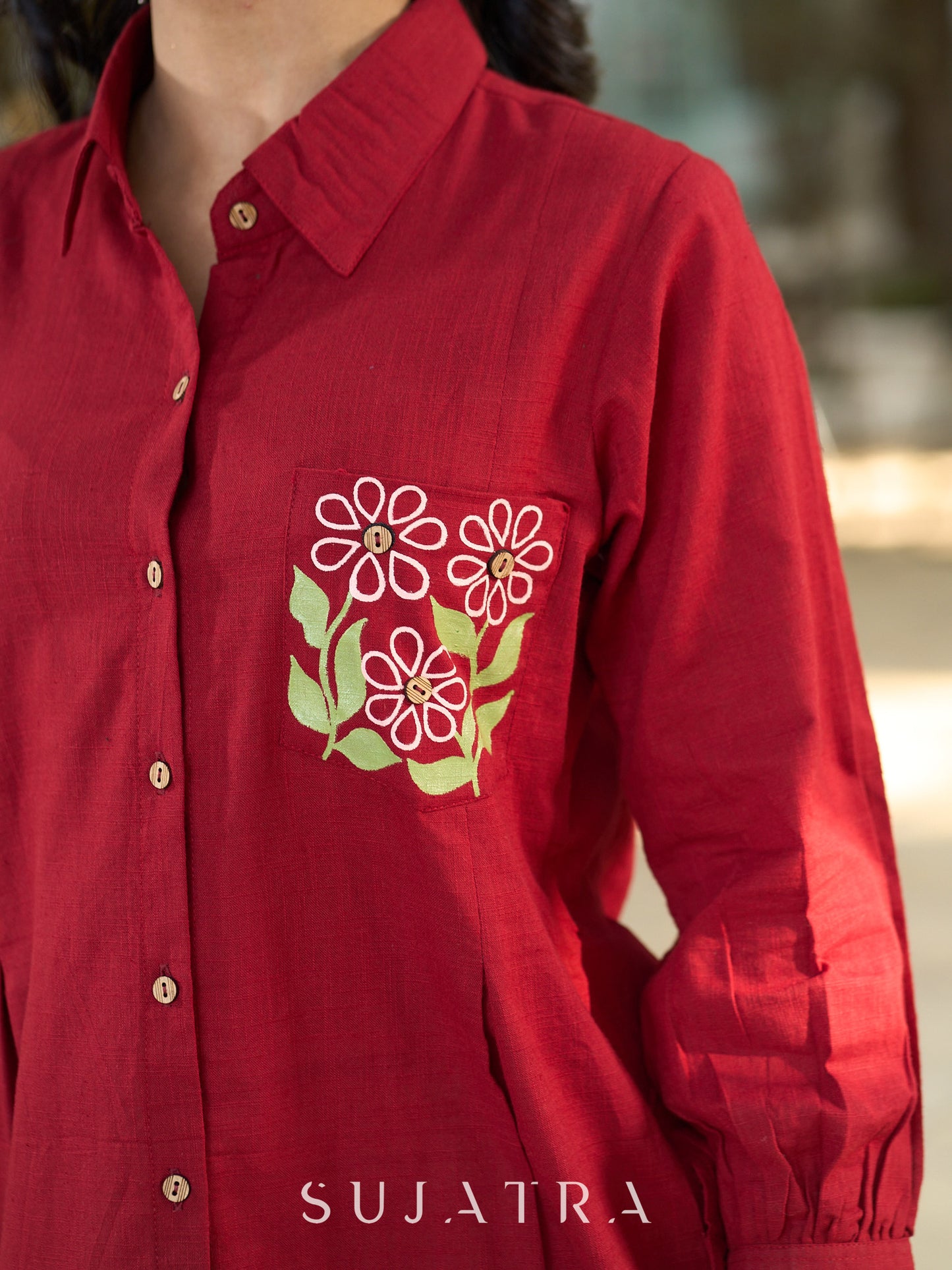 Maroon Contemporary Cotton Shirt with Floral Painted Highlight