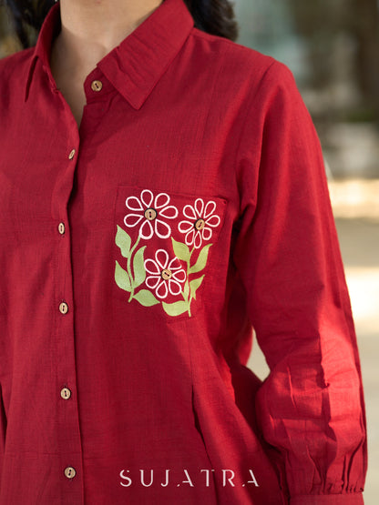 Maroon Contemporary Cotton Shirt with Floral Painted Highlight