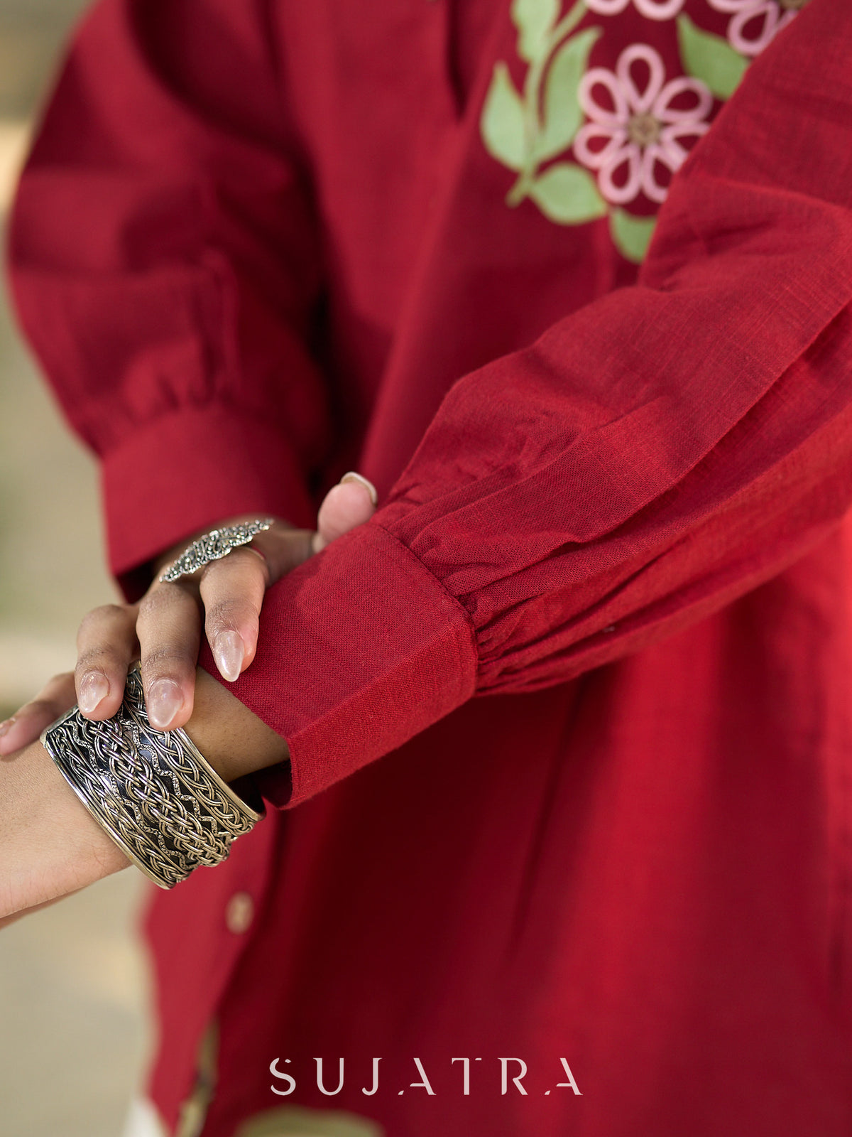 Maroon Contemporary Cotton Shirt with Floral Painted Highlight - Pant Optional