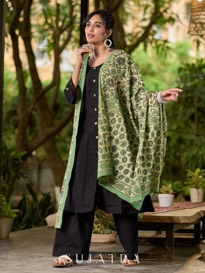 Elegant Sage Green Mul Cotton Dupatta with Traditional Print