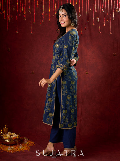 Indigo Ajrakh Kurta with Subtle Embroidered Neckline & Sleeves