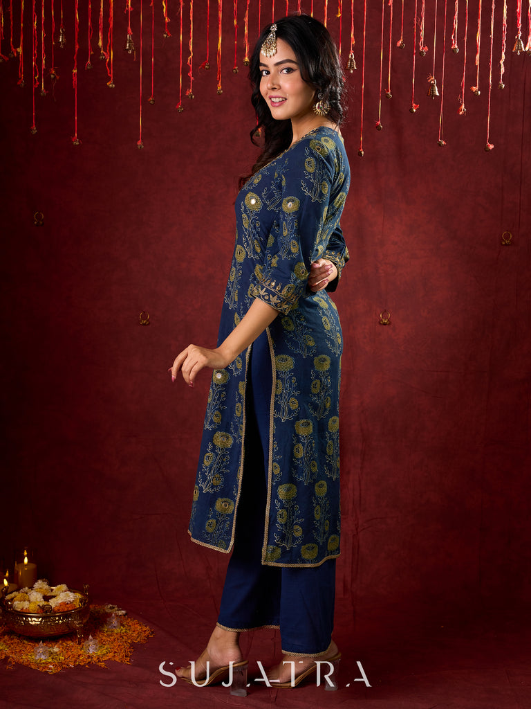 Indigo Ajrakh Kurta with Subtle Embroidered Neckline & Sleeves