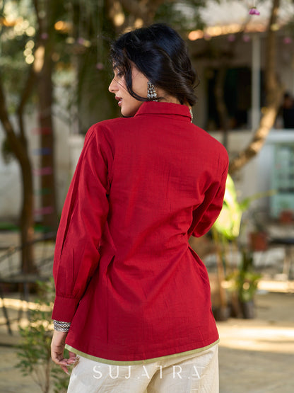 Maroon Contemporary Cotton Shirt with Floral Painted Highlight