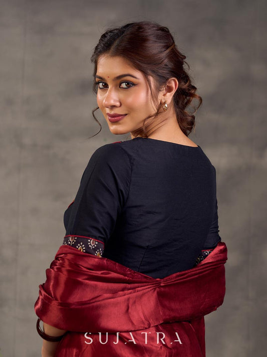 Striking Black Cotton Silk Blouse with Ajrakh Printed Embroidered Yoke & Red Piping Detail