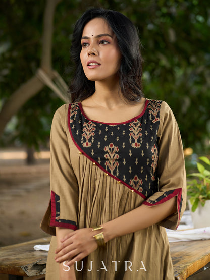 Timeless Beige Cotton Kurta Featuring Ajrakh Asymmetrical Yoke