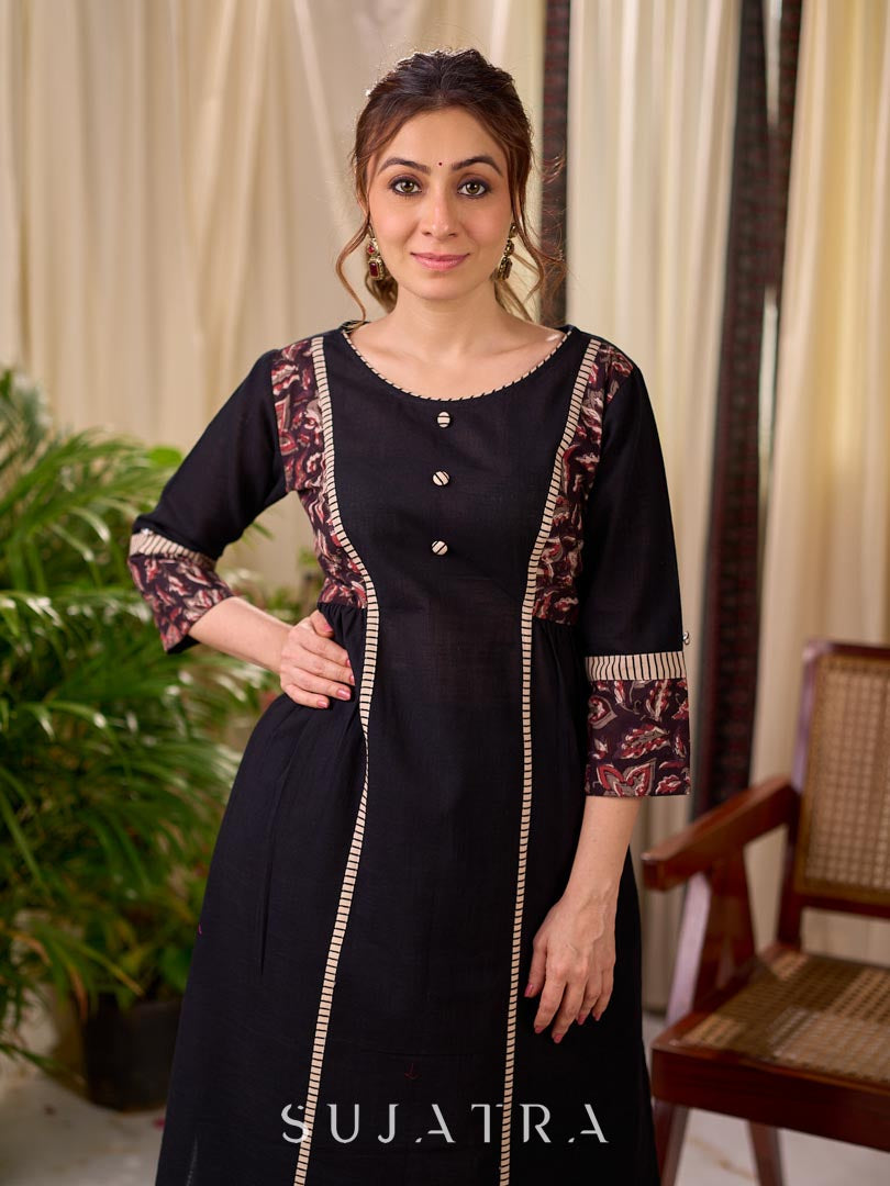 Bold Black Cotton Kurta with Contrast Floral Sleeve Cuffs and Stripe Border Detail