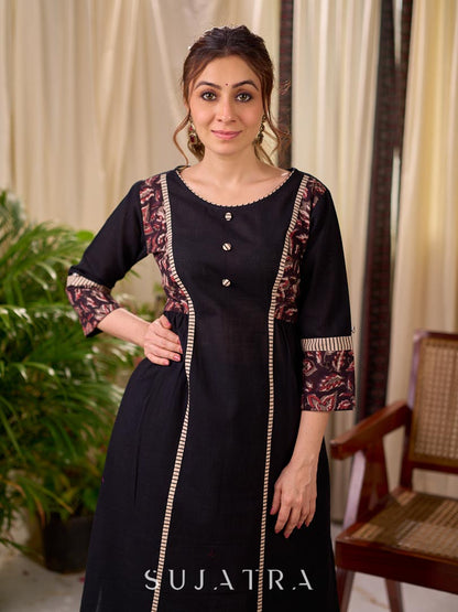 Bold Black Cotton Kurta with Contrast Floral Sleeve Cuffs and Stripe Border Detail