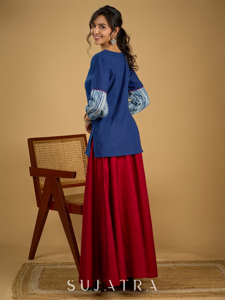 Classic indigo cotton top featuring smart and elegant collar design - skirt optional