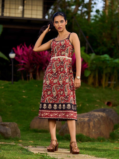 Chic Maroon Cotton Sleeveless Dress With Paisley Block Print And Lace Waist Detail - Jacket Optional