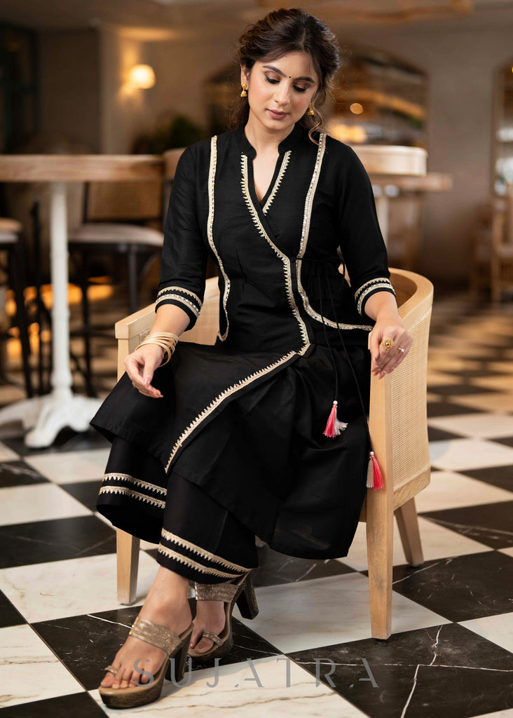 Exclusive Black Cotton Silk Kurta With All Over Lace Work & Side Dori  - Pant Optional