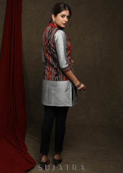 Exclusive Multi color Cotton Ikat Jacket- Grey Cotton silk Tunic Optional