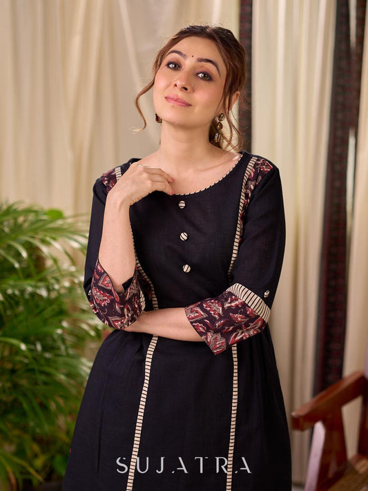 Bold Black Cotton Kurta with Contrast Floral Sleeve Cuffs and Stripe Border Detail