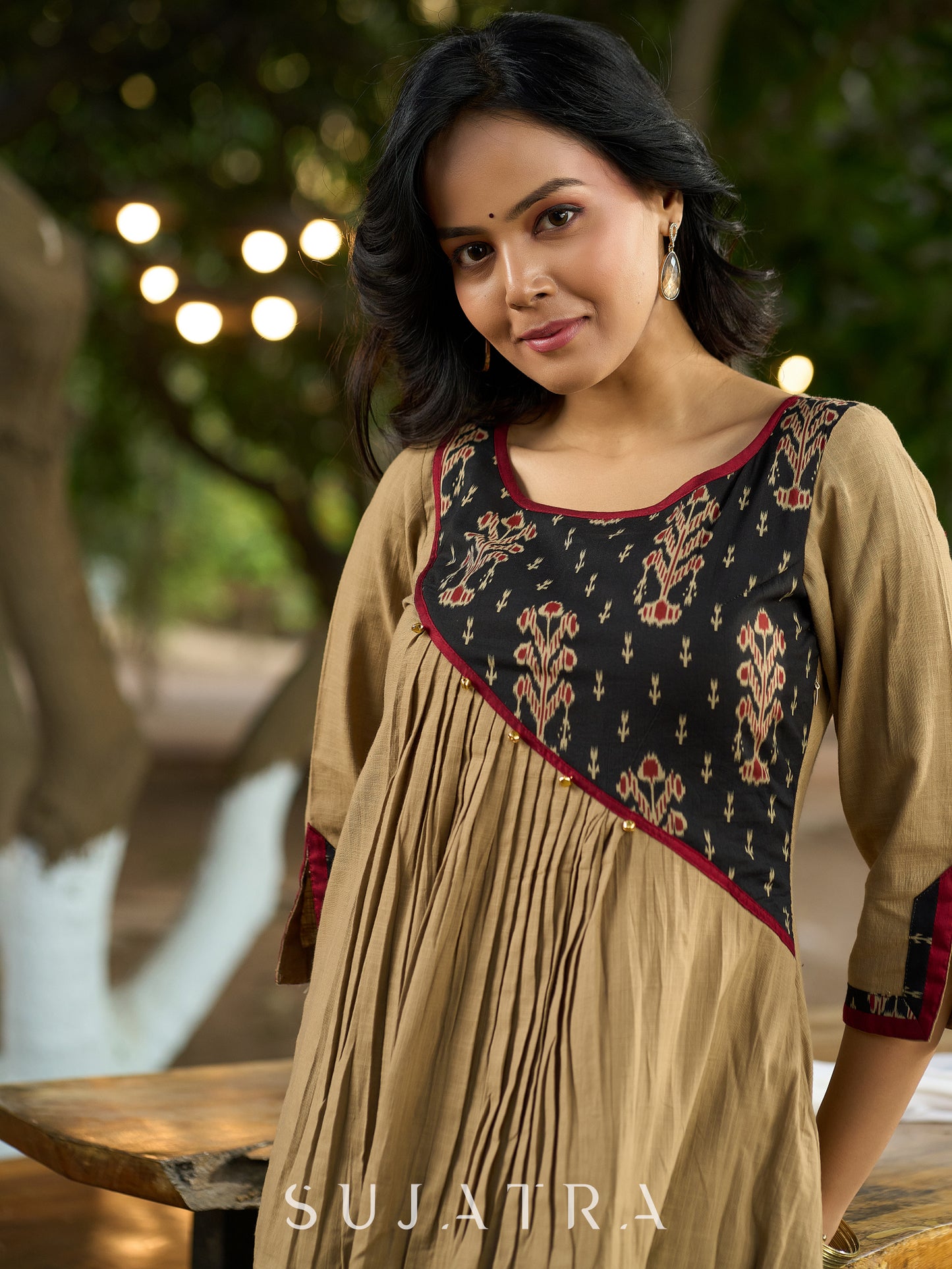 Timeless Beige Cotton Kurta Featuring Ajrakh Asymmetrical Yoke