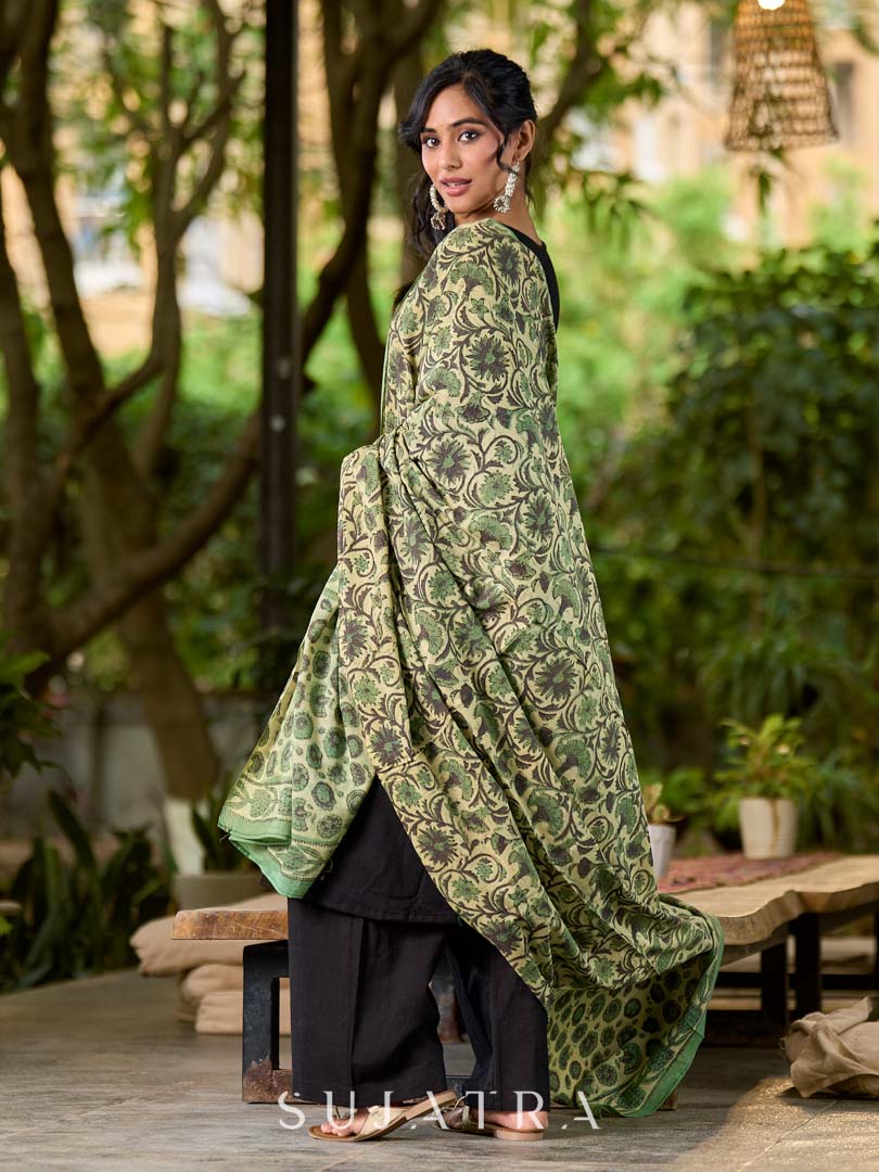 Elegant Sage Green Mul Cotton Dupatta with Traditional Print
