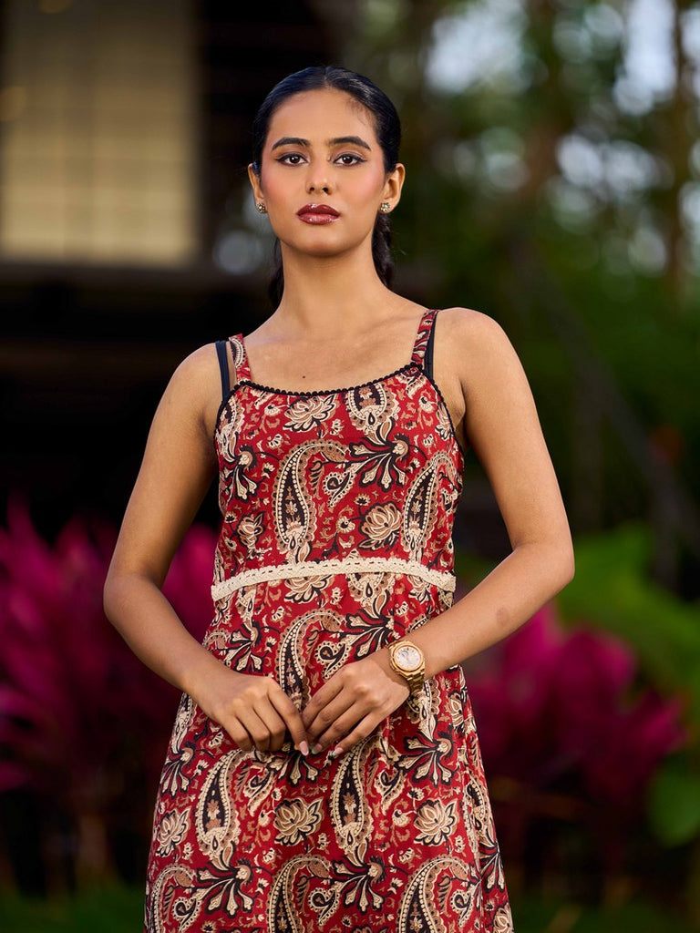 Chic Maroon Cotton Sleeveless Dress With Paisley Block Print And Lace Waist Detail