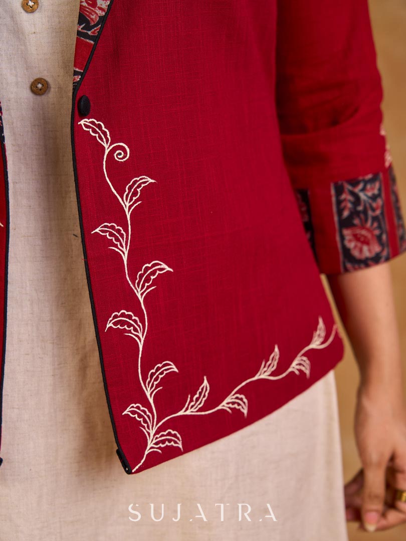 Maroon Cotton Cropped Blazer Jacket with Hand Painted Hem and Floral Printed Lapel & Cuffs