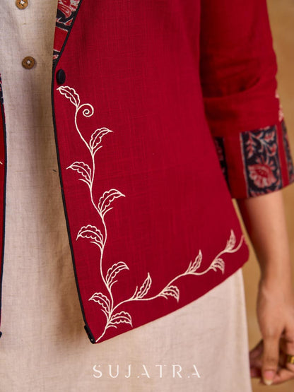 Maroon Cotton Cropped Blazer Jacket with Hand Painted Hem and Floral Printed Lapel & Cuffs