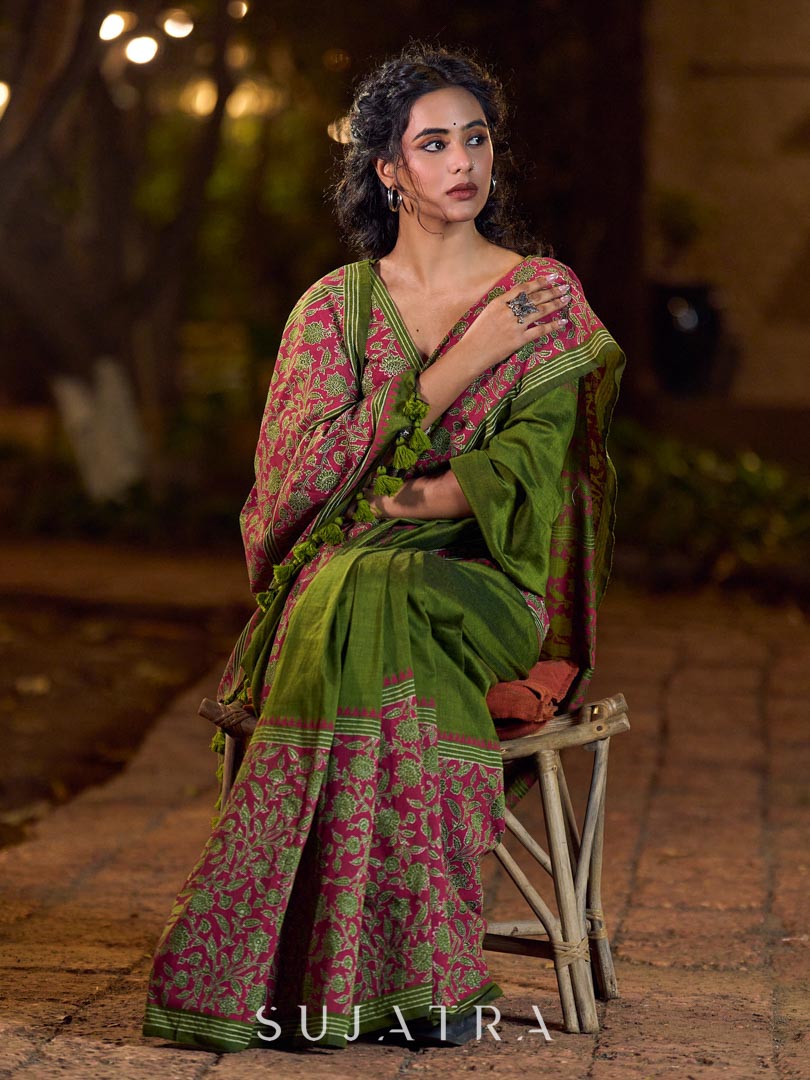 Mehendi Green-Pink Mughal Floral Hand Block Print Cotton Saree